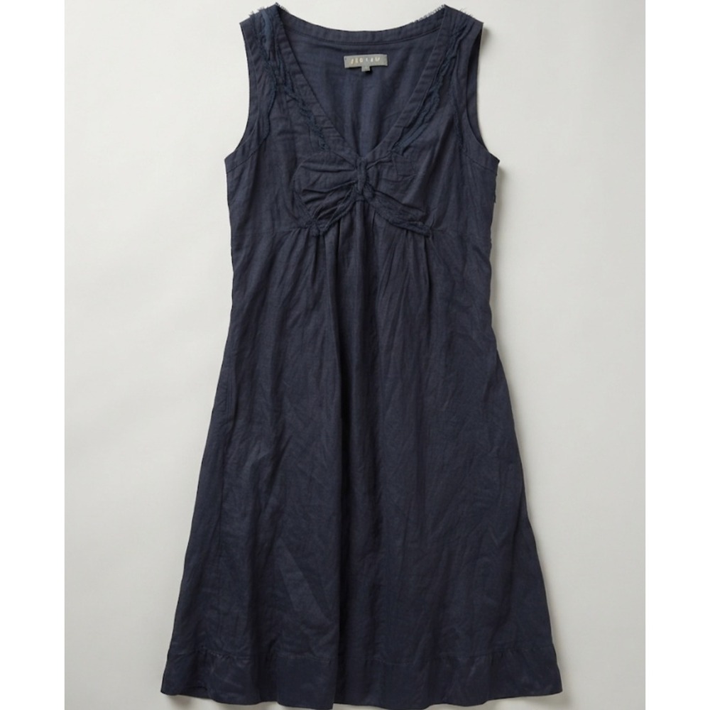 Jigsaw Navy Blue Ramie Silk Trim V-Neck Empire Waist Midi Dress Womens 10